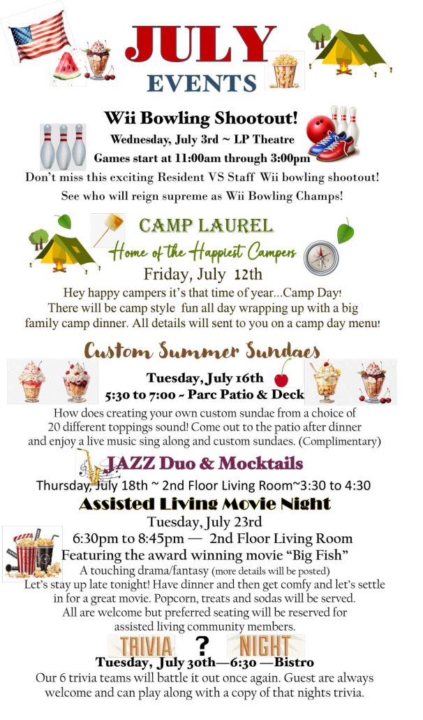 July Events 2024 Flyer at Laurel Parc Senior Living in Portland Oregon