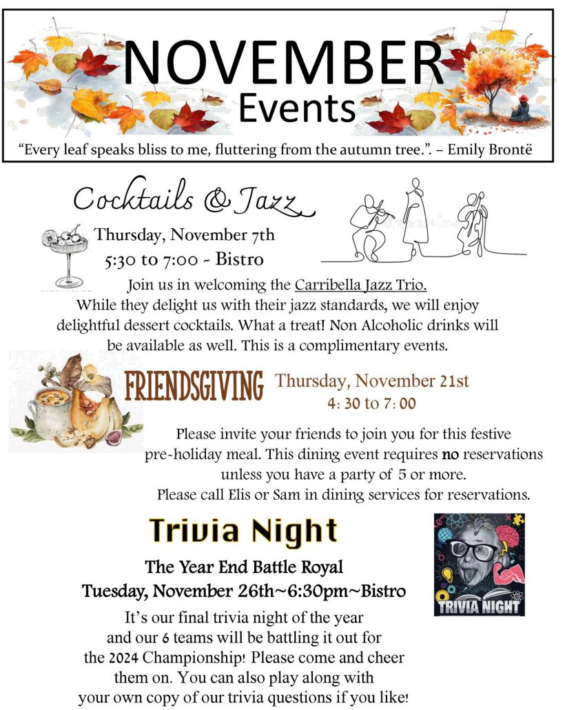 November Events at Laurel Parc Senior Living in Portland Oregon